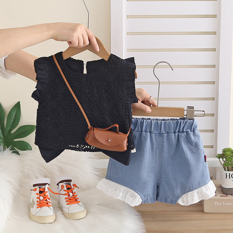 Baby girl's round-neck sleeveless outfit, stylish and trendy children's clothing, summer toddler two-piece set