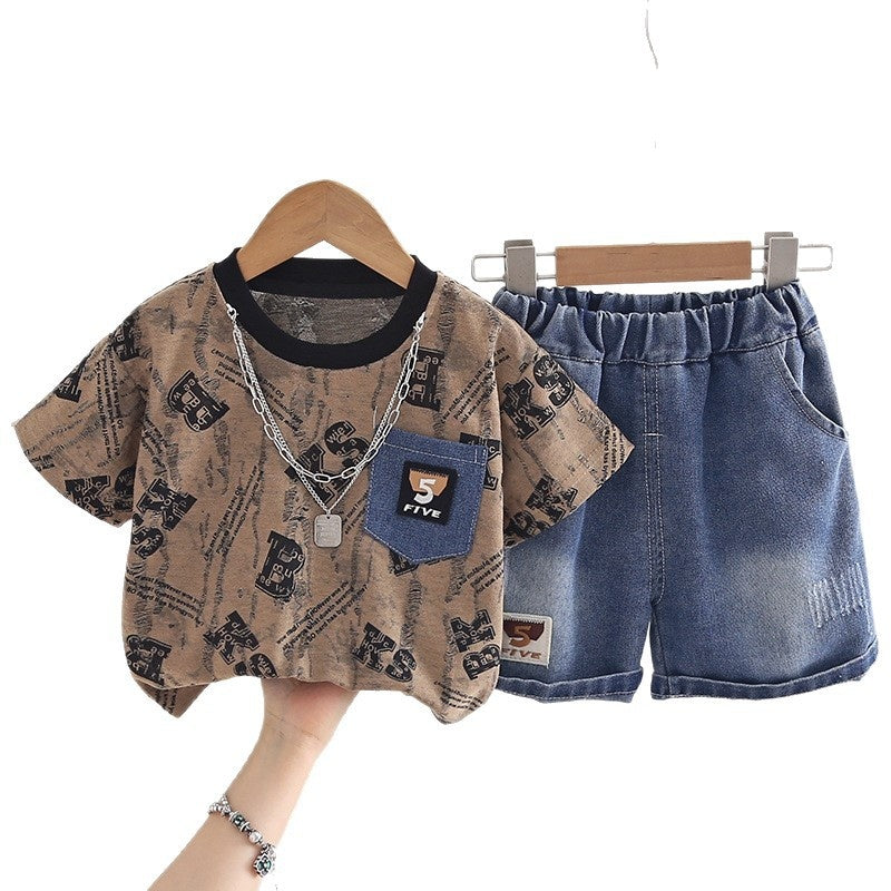 Boys' Outfit 2026 New Fashionable Two-Piece Set Baby Summer Full-Print Letter Short-Sleeve Infant Clothes Trendy