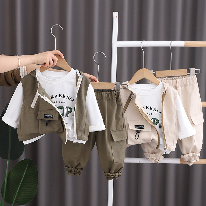 Boys' Spring Outfit 2024 New Korean Style Fashionable Children's Hooded Baby Double Zipper Workwear Vest Three-Piece Set