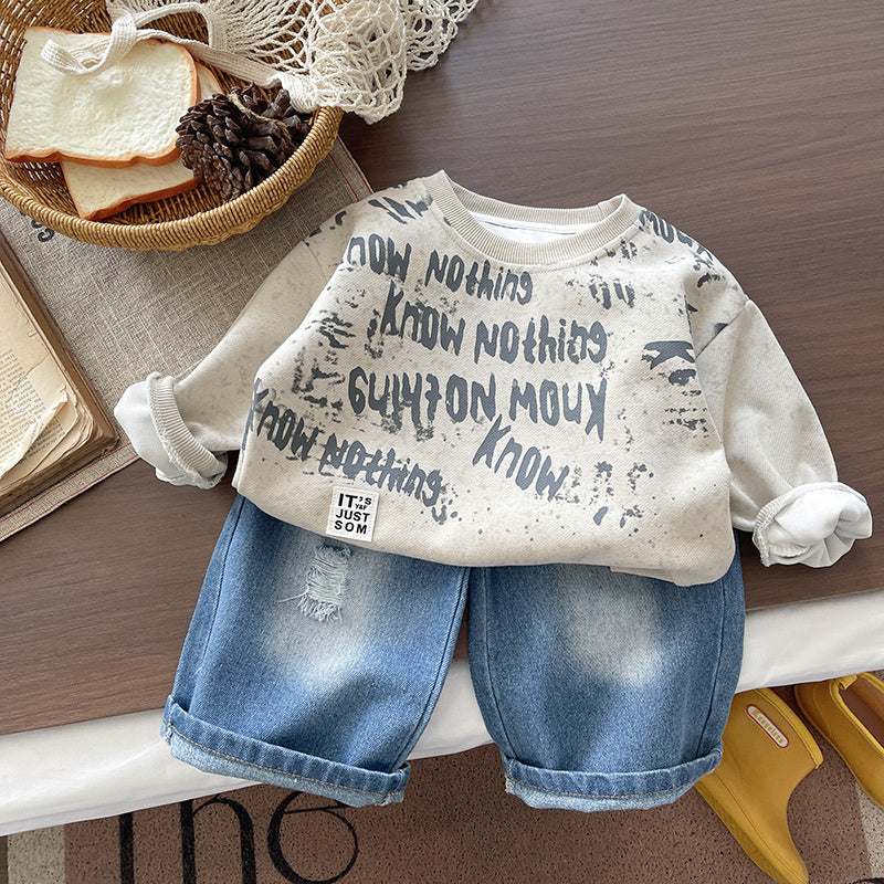 Boys' outfit with stylish letter-print sweatshirt denim pants set, cool spring clothing for toddlers and children