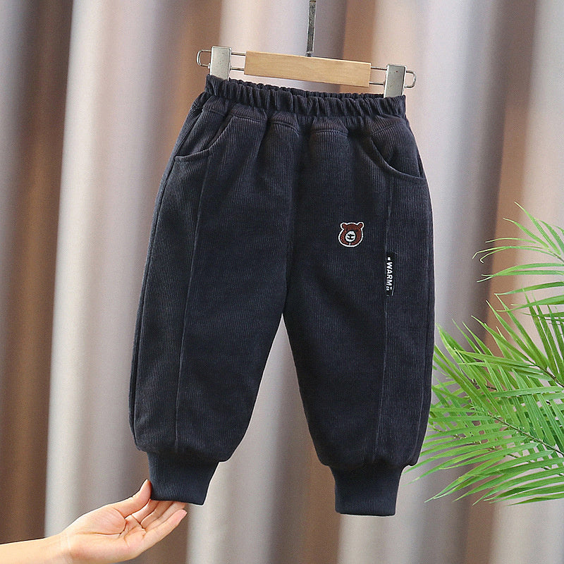 Side Label Bear Head Cotton Thickened Baby One-Piece Boys' Winter Quilted Casual Pants Trendy