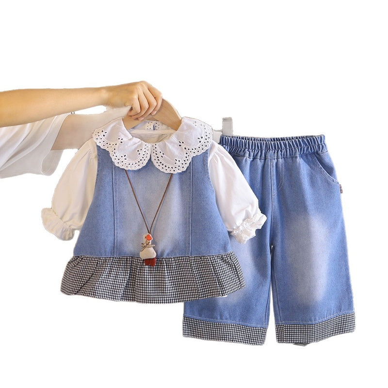 Girls' Outfit 2026 New Spring and Autumn Fashionable Children's Baby Girl Doll Collar Denim Vest Long Sleeve Three-Piece Set
