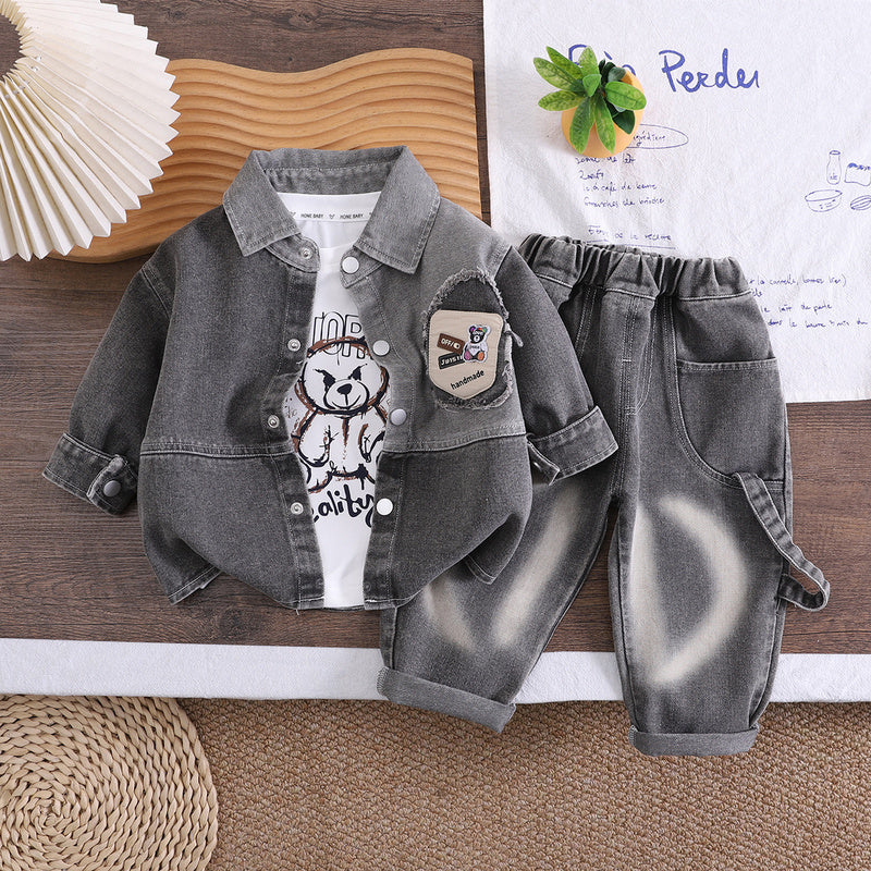 Boys' Suit 2026 New Stylish Spring and Autumn Outfit Children's Fashionable Baby Turn-down Collar Denim Bear Three-piece Set