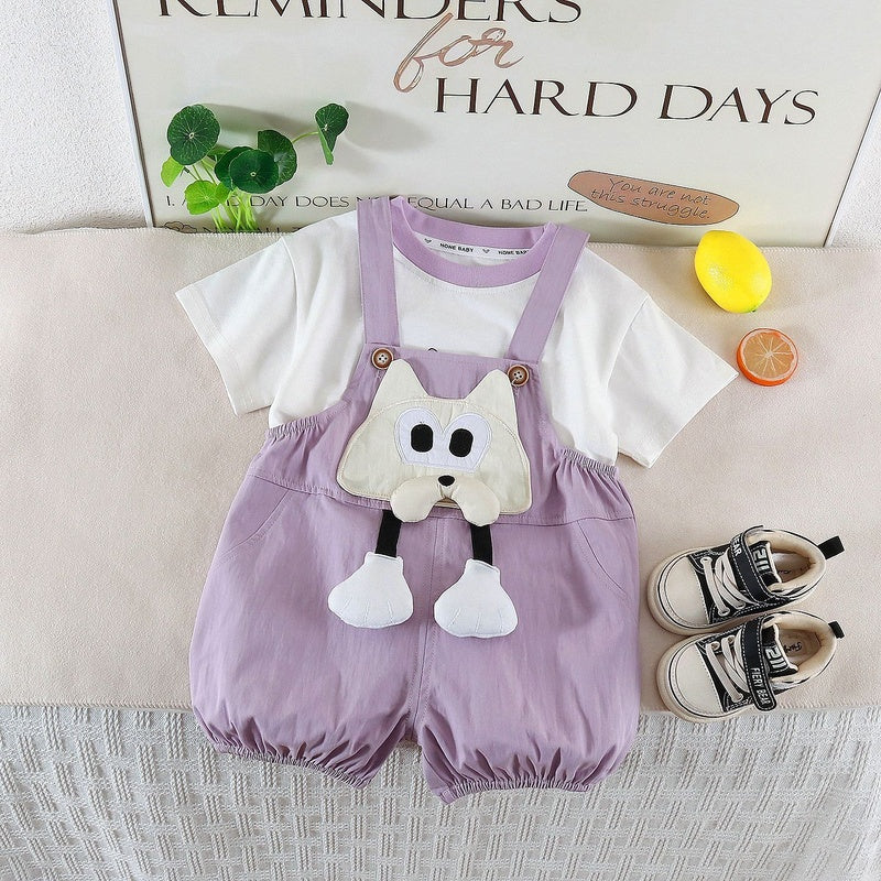 Baby 2026 Long-Pants Dog Overalls Short-Sleeve Korean Style Infant Boy Summer Clothes Two-Piece Set