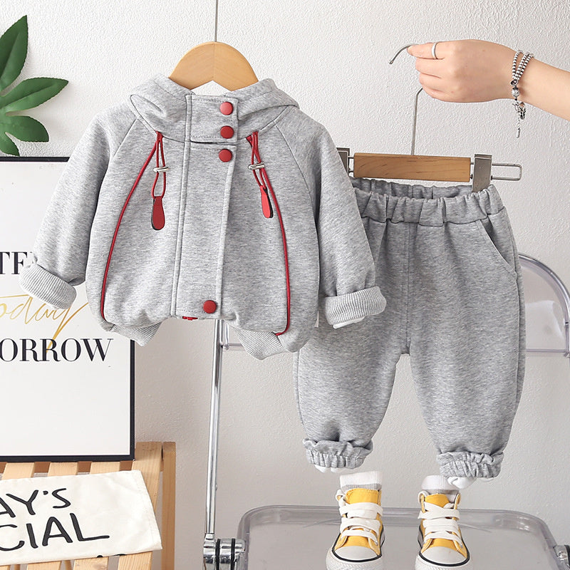 2026 Spring Autumn New Boys and Girls Striped Zipper Hooded Sports Solid Color Children's Clothing Three-Piece Set