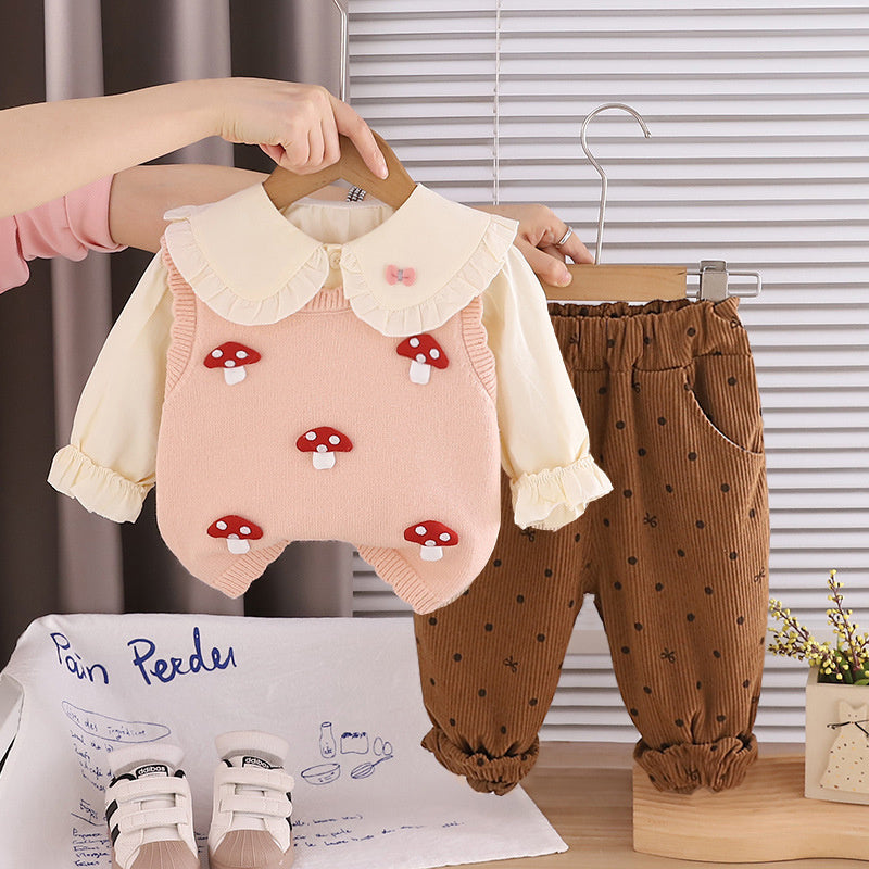 Girls' Outfit 2026 New Fashionable Little Mushroom Sweater Three-Piece Set Baby Spring Trendy Casual Clothes