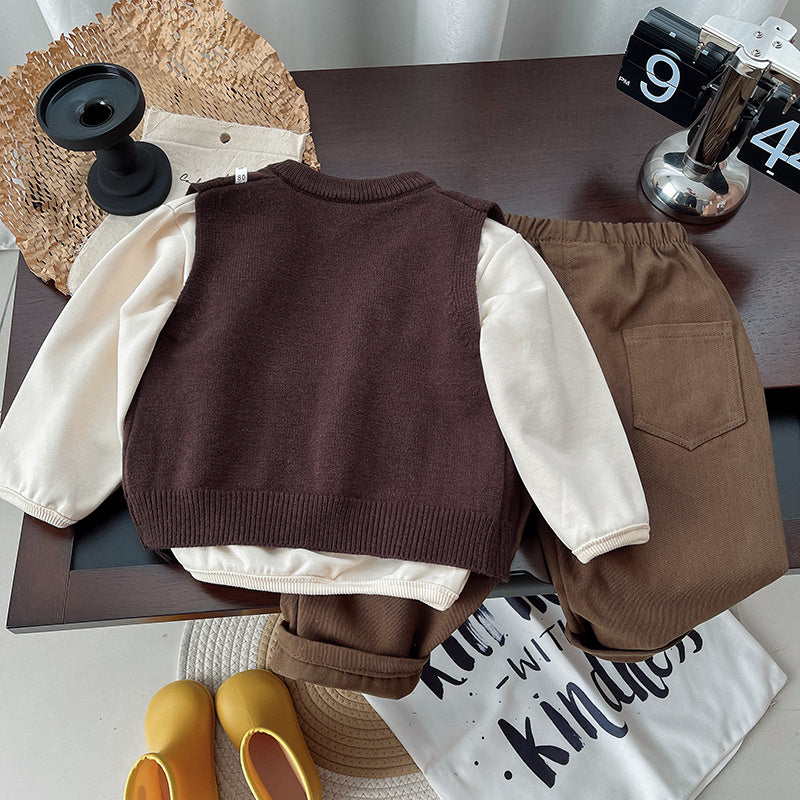 Spring Autumn Suit 2024 Children's Fashionable New Style Little Boys Cool and Handsome Clothes Baby Vest Cardigan Three-piece Set