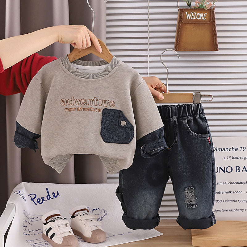 Boys' Outfit 2026 Spring and Autumn Clothes Infant Children's Denim Pocket Sweatshirt Baby Stylish Two-Piece Set Trendy
