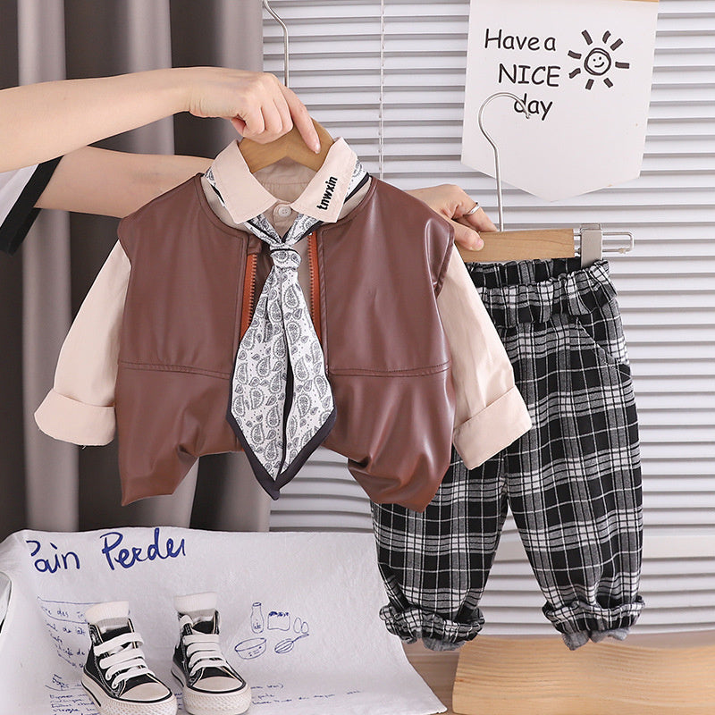Boys' children's clothing spring autumn outfit 2026 new stylish Korean-style toddler leather jacket and vest three-piece set trendy