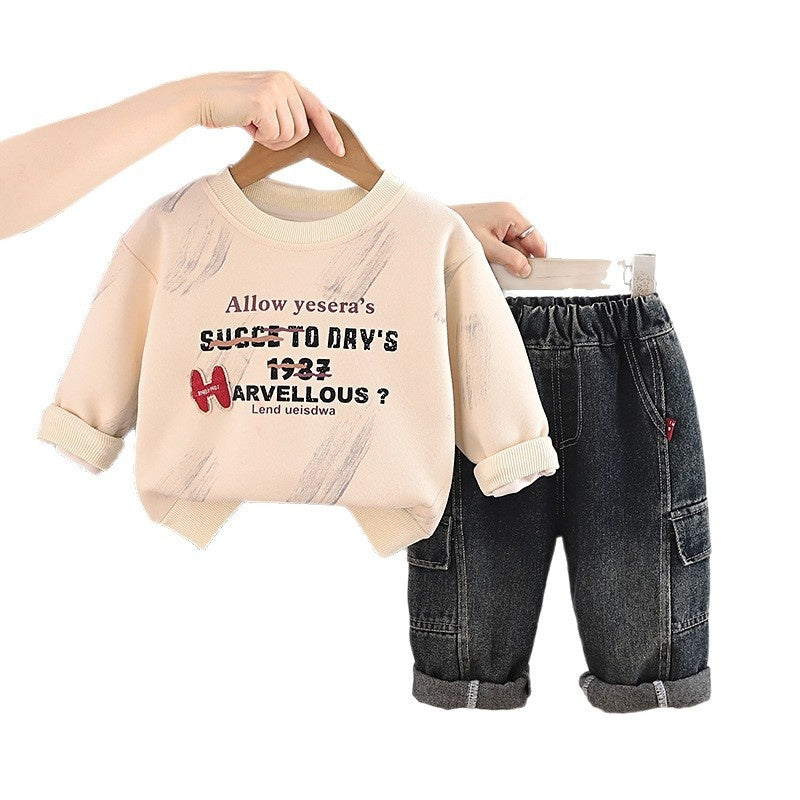 Boys' Autumn Outfit 2026 Spring-Autumn Clothes Infant Children's Letter Sweatshirt Baby Stylish Round Neck Two-Piece Set Trendy