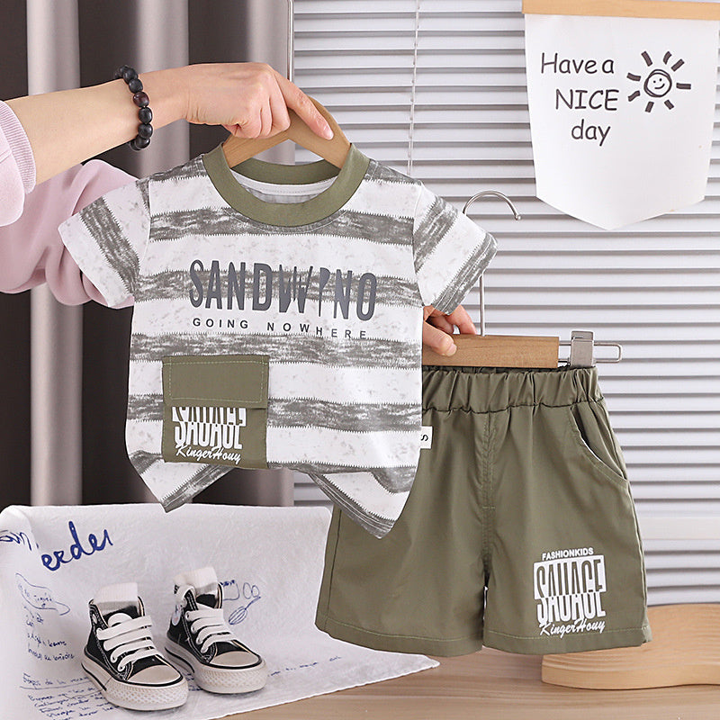Boys' Striped Casual Short-Sleeve 2026 New Summer Outfit Baby Korean Style Children's Thin Two-Piece Trendy Set