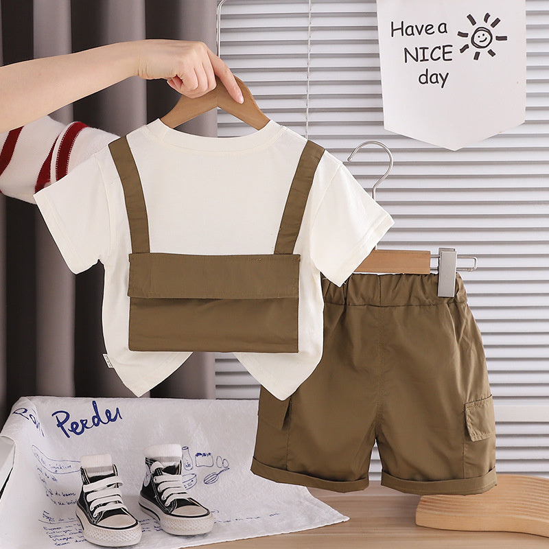 Boys' Short-Sleeve Outfit 2026 New Fashionable Fake Backpack Two-Piece Set Summer Children's Sportswear Trendy