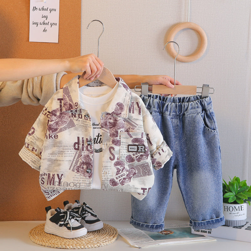 Boys' Outfit 2026 New Fashionable Long-Sleeve Letter Jacket Three-Piece Set for Children, Trendy Spring and Autumn Outerwear