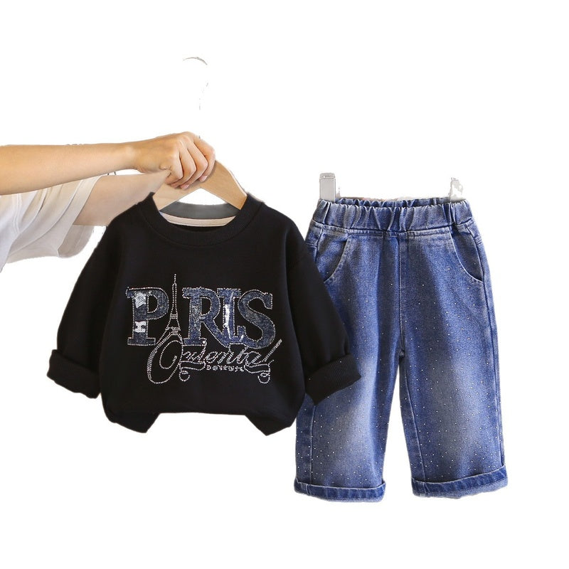 Girls' Spring and Outfit 2026 New Fashionable Baby Girl Autumn Clothing Korean Style Letter Sweatshirt Two-Piece Cartoon Trendy Set