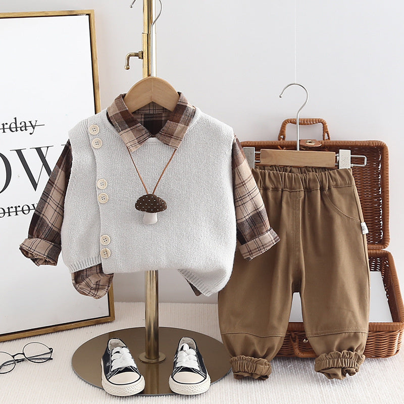 Boys' Spring Outfit 2025 New Style 0-1-5 Years Old Baby Double Button Large Plaid Vest Three-Piece Set Fashionable