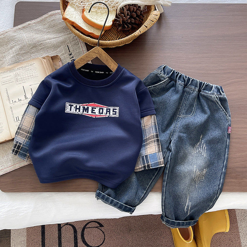 Boys' Outfit Baby 2026 New Fashionable Infant Children's Spring and Autumn Stylish Round Neck Spliced Sleeve Two-Piece Set