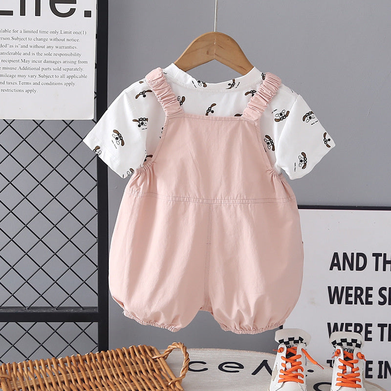 Girls' Outfit 2026 New Cute Baby Summer Clothes Stylish Puppy Overalls Short Sleeve Two-Piece Set