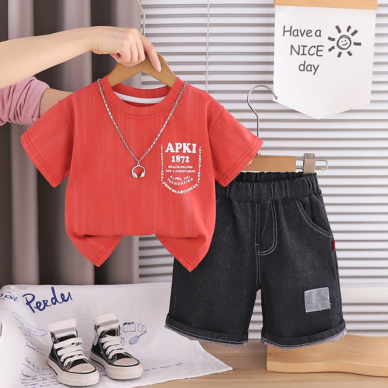 Boys' Outfit 2026 New Fashionable Two-Piece Set with Necklace and Letter Pocket, Baby Summer Short-Sleeve Clothes Trendy