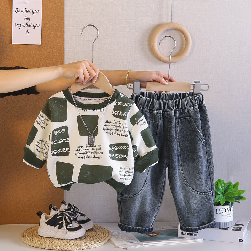 Baby Korean-style autumn sweatshirt set, stylish cool spring-autumn clothing for boys, infant and toddler two-piece trendy outfit