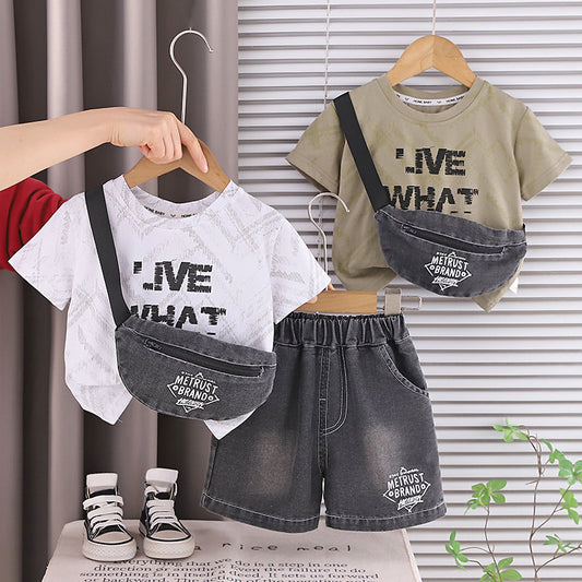 Boys' short-sleeve stylish lightweight children's clothing, cool and handsome baby summer outfit, two-piece set with denim bag