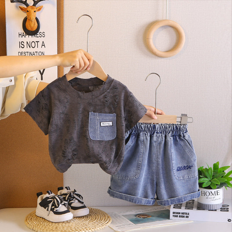 Boys' Summer Outfit 2026 New Thin Denim Pocket Short Sleeve Two-Piece Set for 1-3 Year Olds