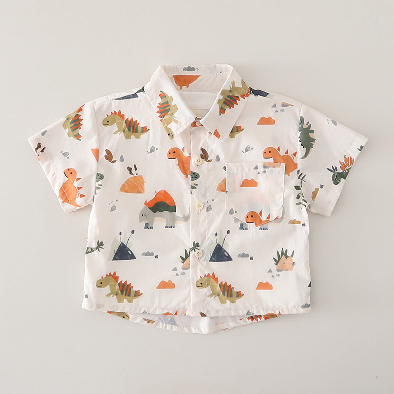 Boy Outfit Korean Style Summer Clothes Cartoon Full-Body Dinosaur Shirt Short Sleeve Shorts Baby Three-Piece Set