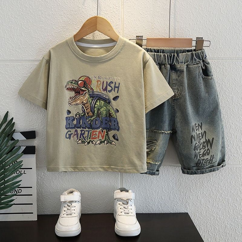 Boys' Outfit 2024 New Trendy Cool Boy Fashion Dinosaur Children's Clothing Summer Thin Two-Piece Set