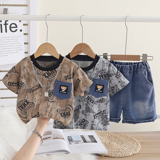 Boys' Summer Outfit Stylish Children's Full-Print Bear Head Short-Sleeve Two-Piece Set, 2026 New Fashionable Casual Clothes for Handsome Little Boys