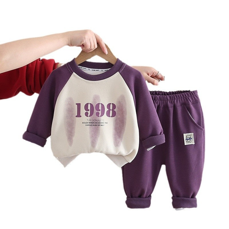 Boys' and Autumn 2025 New Baby Stylish Clothes Toddler Spring Color Block Raglan Sweatshirt Two-Piece Set Trendy