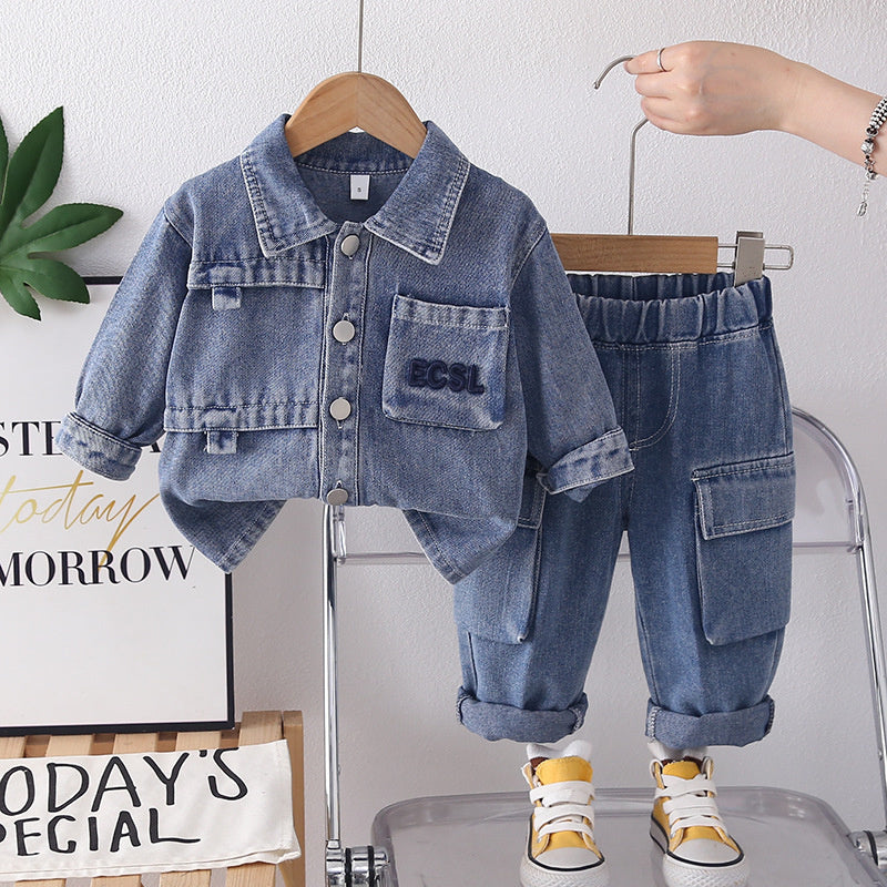Boys' Outfit 2026 New Fashionable Children's Spring-Autumn Two-Piece Denim Set with 3D Pockets for Toddlers in Trendy Autumn Style