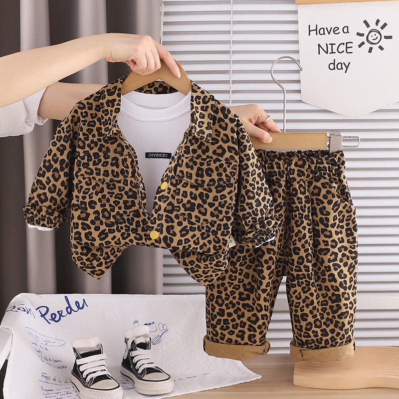 Baby Boy Spring and Autumn Outfit 2026 New Fashionable Toddler Korean Style Casual Leopard Print Long Sleeve Three-Piece Set