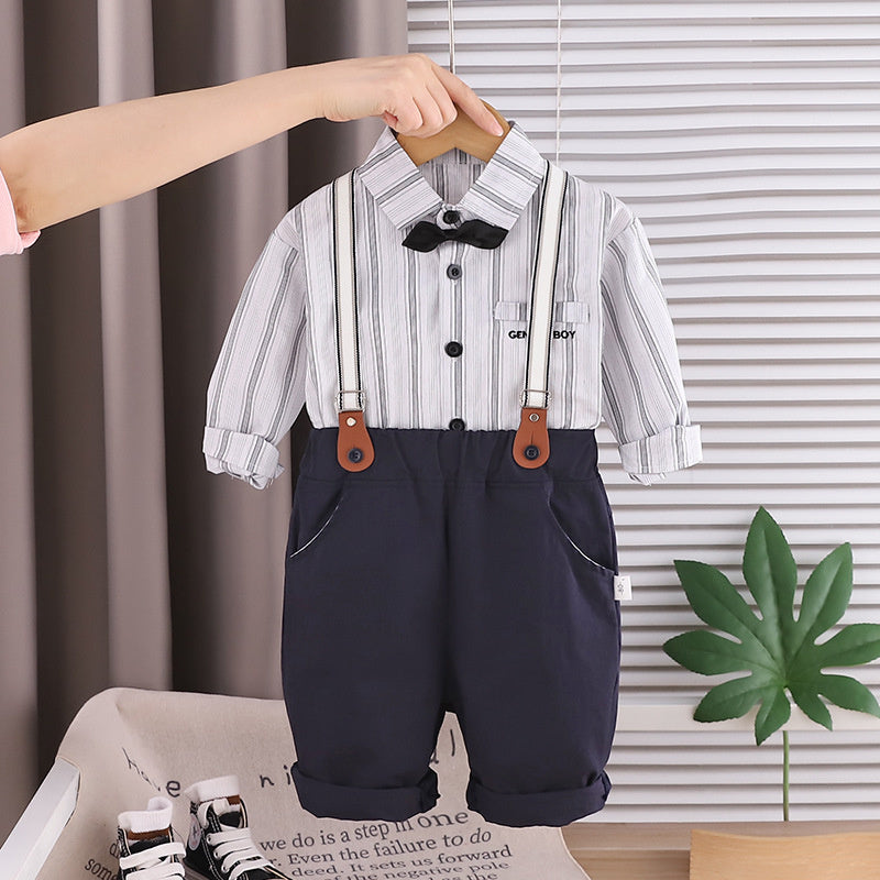 Children's Long-Sleeve Vertical Stripe Shirt Overalls Set 2026 New Style Boys' Spring and Autumn Casual Two-Piece Outfit