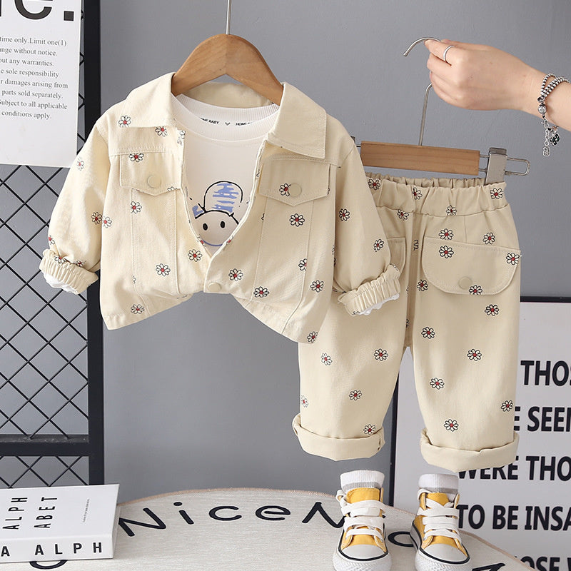 Girls' Outfit 2026 New Baby Spring and Autumn Clothes Cute Full-Print Floral Three-Piece Set Trendy Children's Clothing