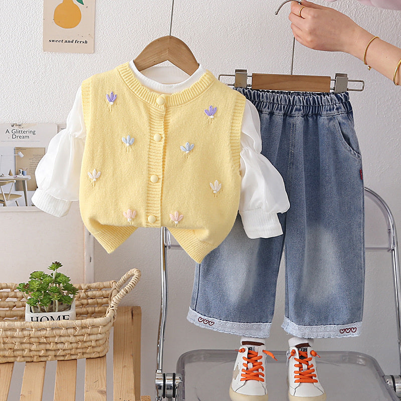 Girls' Outfit for and Autumn 2026 New Fashionable Children's Spring Clothing Baby Girl Floral Sweater Vest Three-Piece Set