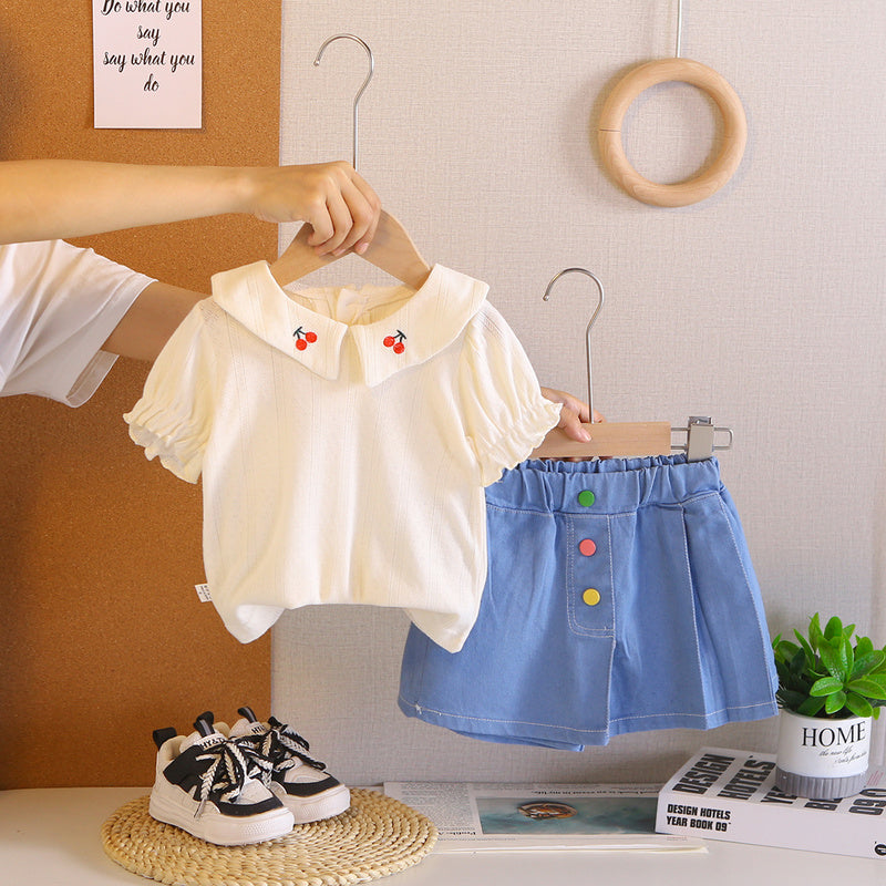 Girls' Summer Outfit 2026 New Fashionable Baby Collar Cherry Short Sleeve Shorts Two-Piece Set Children's Trendy Clothing