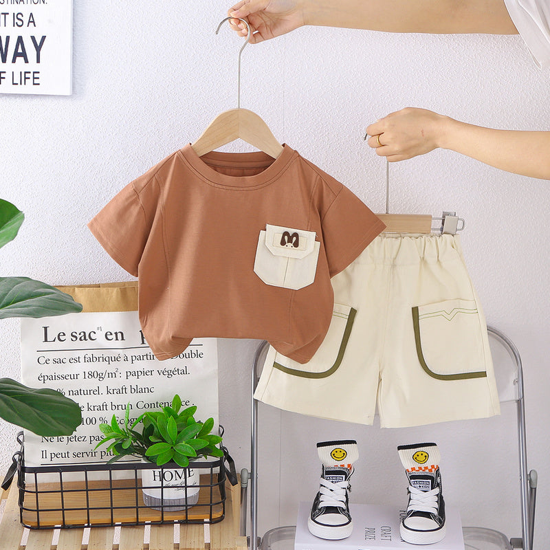 Boys' Clothing 2026 New Style Children's Clothes Summer Pocket Trim Sports Baby Short Sleeve Two-Piece Set Trendy