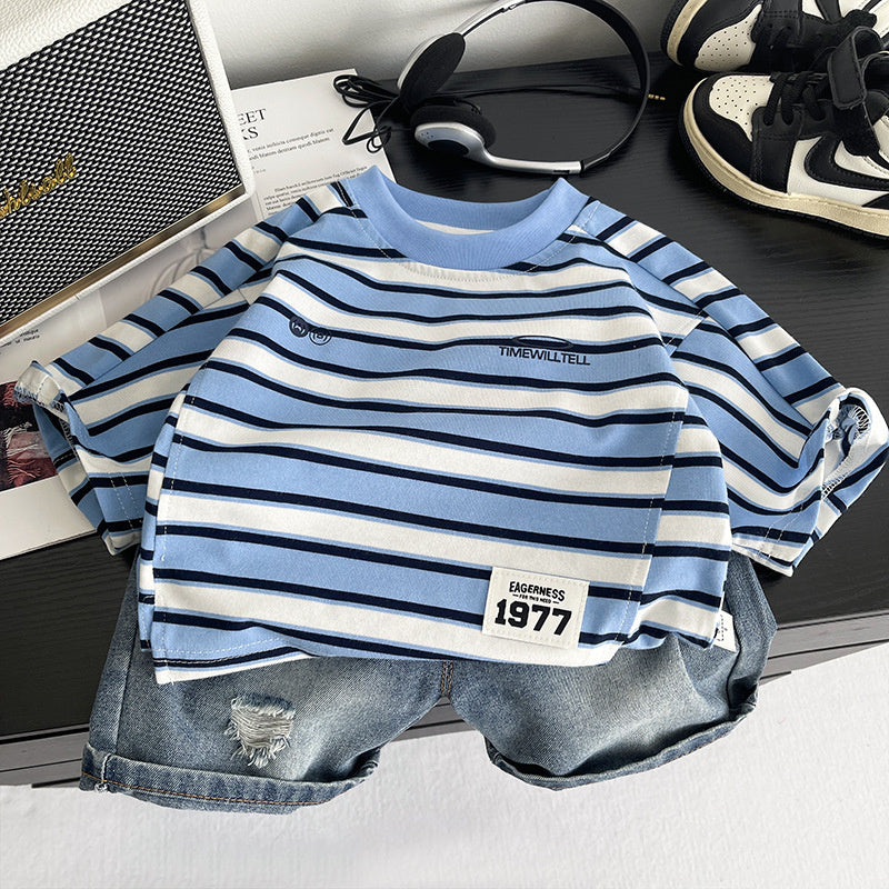 Boys' Summer Outfit 2026 New Fashionable Striped Short-Sleeve Denim Shorts Two-Piece Set for Toddlers
