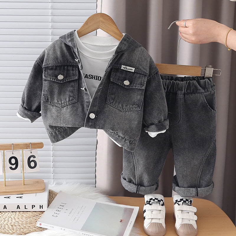Boys' Outfit 2026 New Fashionable Casual Hooded Denim Three-Piece Set for Boys Spring and Autumn Trendy
