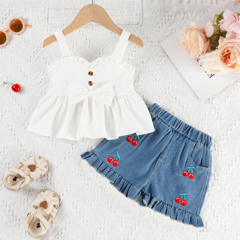 Exclusive for cross-border foreign trade: Girls' summer ruffled camisole top + embroidered denim pocket shorts set
