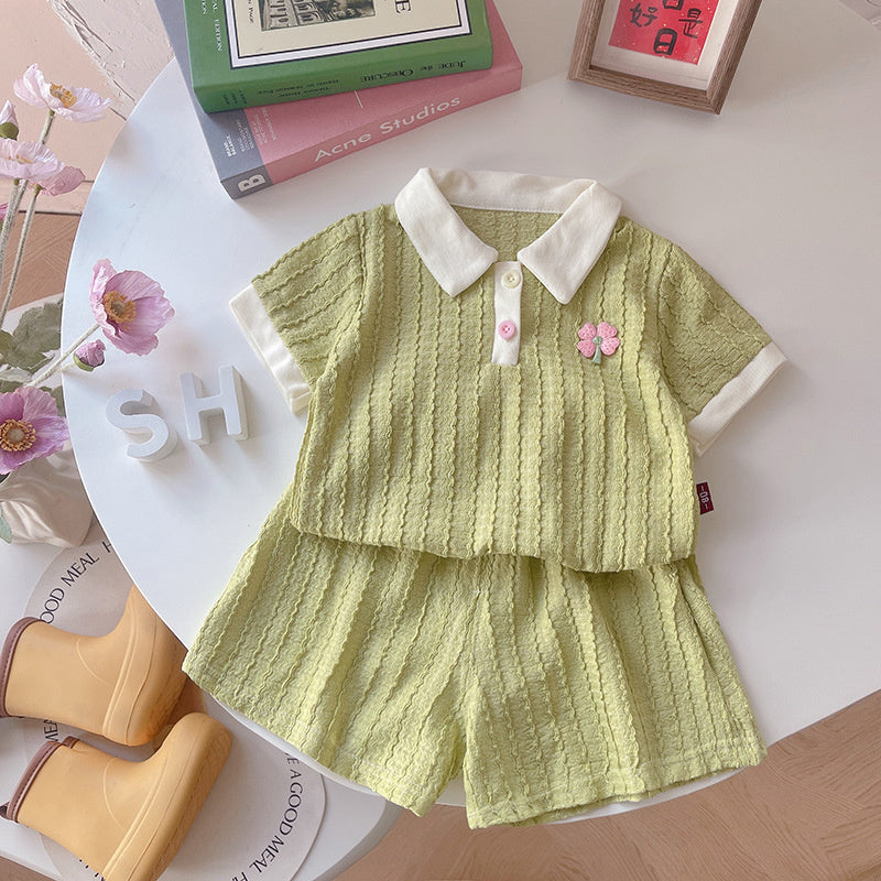 Girls' stylish solid color jacquard suit, summer wear 2026 new model, fashionable casual two-piece set for baby girls