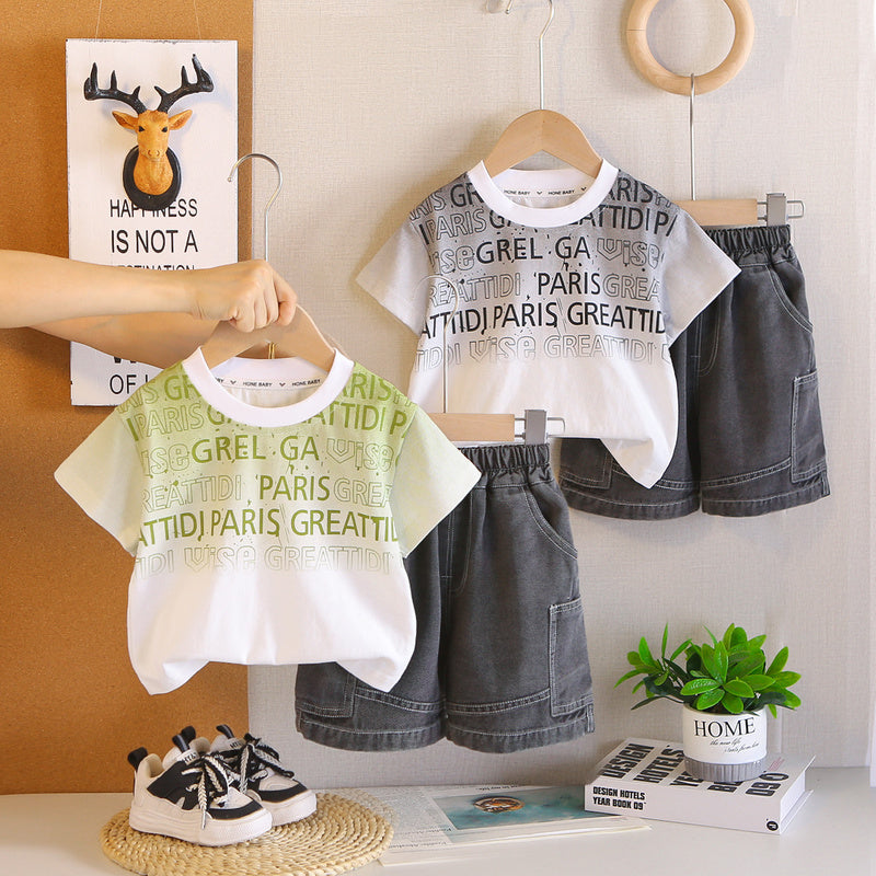 Boys' Outfit Gradient English Short Sleeve Set Stylish Baby Clothes 2026 New Model for Young Children Summer Fashion Clothing
