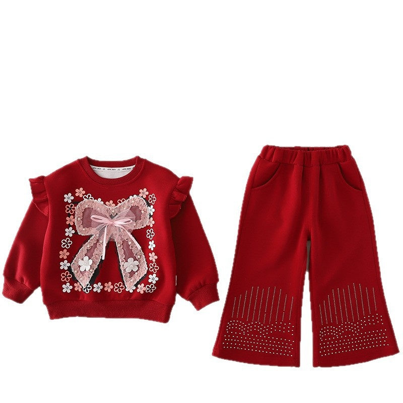 Girls' Outfit 2026 New Fashionable Baby Girl Clothes with Big Bow, Spring and Autumn Sweatshirt Two-Piece Set Trendy