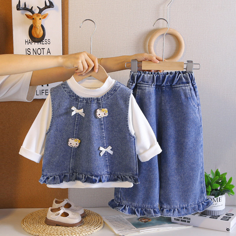 Girls' Outfit and Autumn 2026 New Fashionable Children's Cat Denim Vest Three-Piece Set Baby Spring Clothes