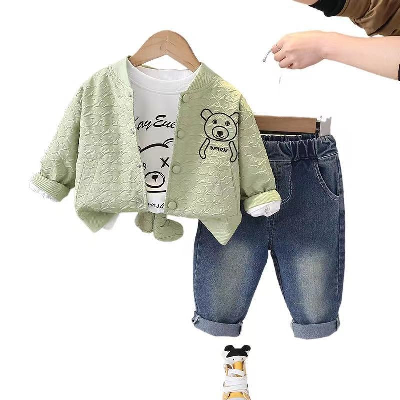 Boys' Outfit 2025 Spring and Autumn New Style Girls' Cartoon Clothes Children's Jeans Three-Piece Set Export