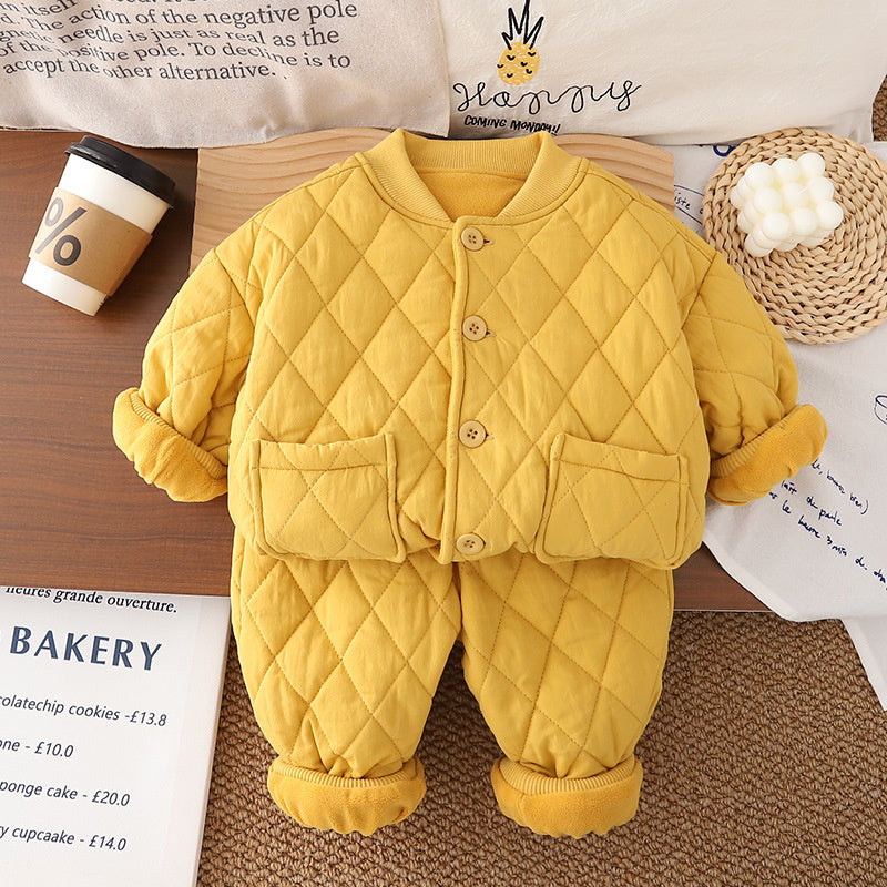 2025 Boys' Baby Casual Simple Winter Fleece Thickened Infant Versatile Pocket Button Cotton Jacket Two-Piece Set