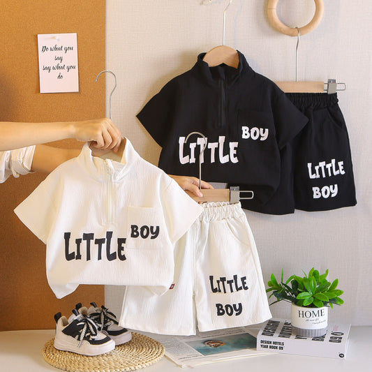 Summer boys' outfit stylish toddler letter print half-zip short-sleeve suit casual fashion sporty children's clothing trendy