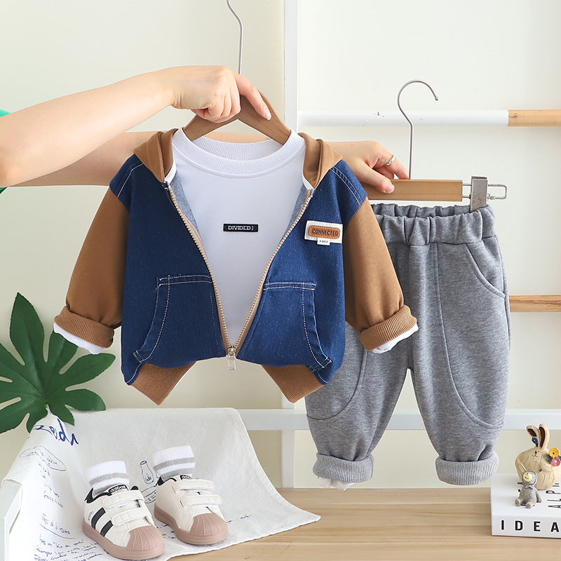 Boys' Outfit 2025 New Stylish Children's Spring and Autumn Baby Korean Style Patchwork Denim Hoodie Three-Piece Set