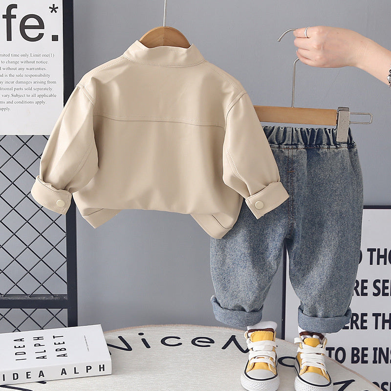 Outfit 2026 New Fashionable Casual Boys' Stand Collar Puppy Leather Jacket Spring Autumn Three-Piece Set