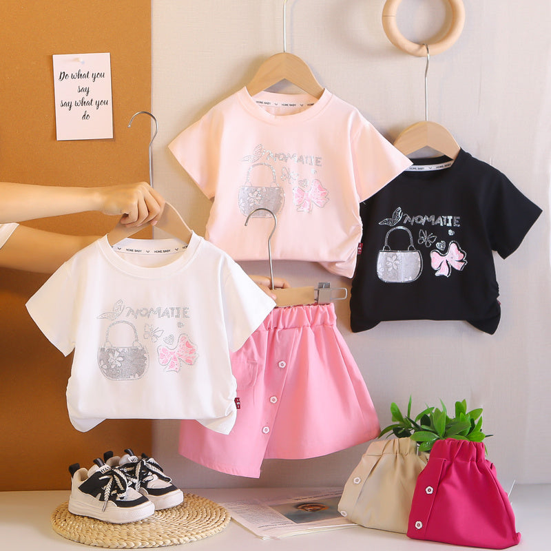 Girls' 2026 New Bow Short-Sleeve Two-Piece Set, Baby Girl's Casual Sports Outfit, Stylish Summer Style