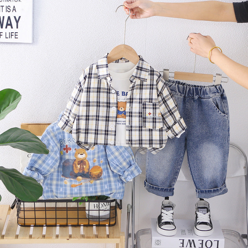 Boys' Outfit 2026 New Model Baby Boy Plaid Shirt with Bear Print on the Back Three-Piece Set for Spring Autumn Infant and Toddler Clothing